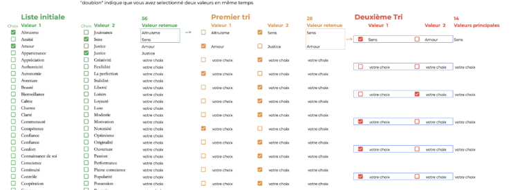 formulaire permettant de hiérarchiser ses valeurs personnelles