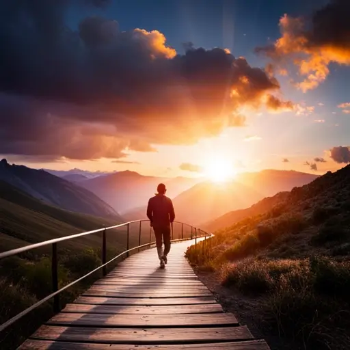 un homme seul qui se promène sur un pont, en direction d'un soleil levant. Symbole de nos valeurs personnelles qui nous vont avancer vers un ideal