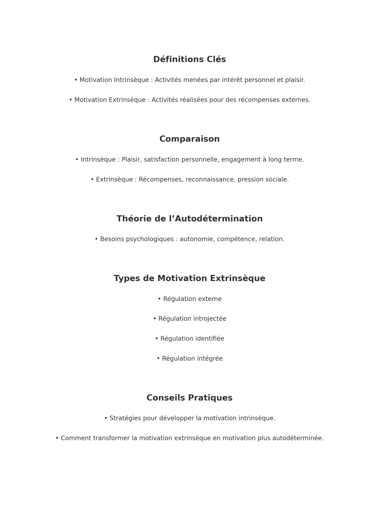 Cycle de la Motivation Intrinsèque et Extrinsèque Contenu : Un diagramme circulaire montrant comment la motivation peut évoluer d'extrinsèque à intrinsèque. Sections : Récompenses externes (Début) Pressions internes (Transition) Reconnaissance de l'importance (Avancement) Intégration et alignement avec les valeurs personnelles (Finalité) Plaisir et satisfaction personnelle (Motivation Intrinsèque)