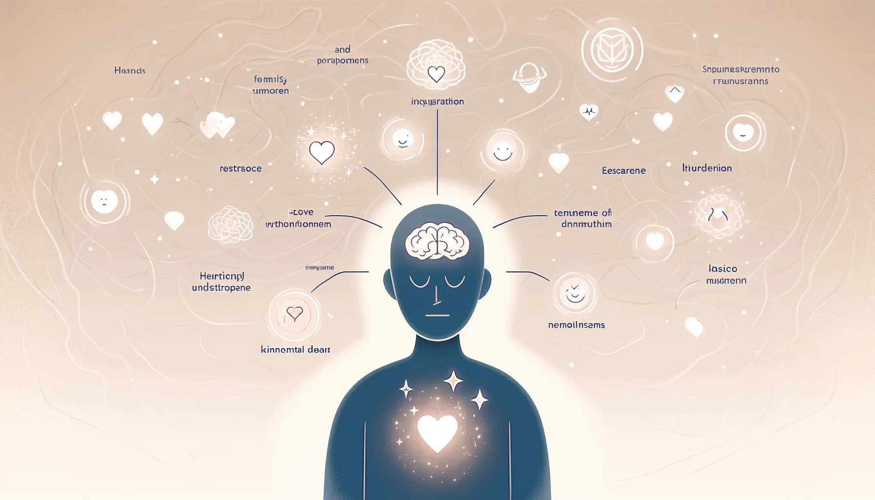 une illustration plus sobre qui résume l'impact des émotions dans la mémorisation des citations et des proverbes. La scène montre une personne avec une légère lueur autour de son cœur, entourée de citations et de mantras flottants. Chaque citation est connectée à des icônes émotionnelles minimalistes (comme un petit cœur pour l'amour, une petite étoile pour l'inspiration, et un petit visage paisible pour le calme). L'arrière-plan suggère subtilement un cerveau, avec l'amygdale mise en évidence. L'illustration est minimaliste et apaisante, soulignant la connexion émotionnelle aux citations.