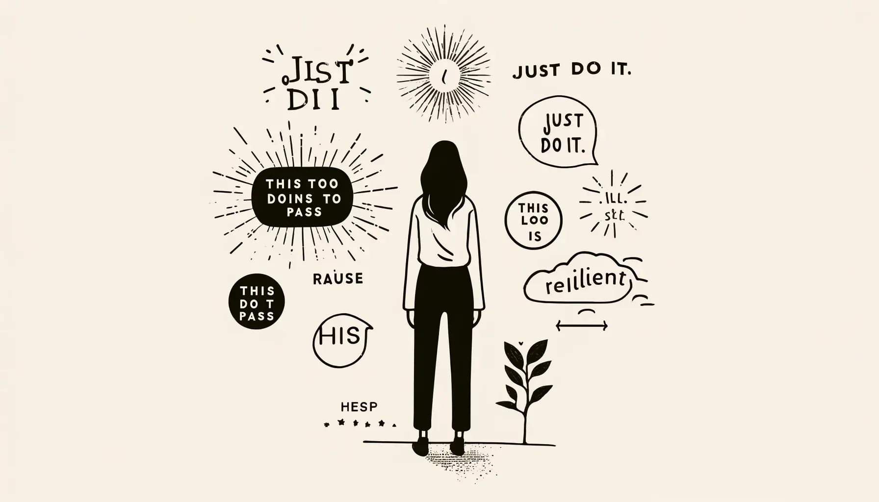 une illustration plus sobre qui résume l'idée que les citations et les mantras nous rendent plus résilients. L'image montre une personne se tenant droite et confiante, entourée de quelques citations et mantras positifs, comme "Just Do It" et "This too shall pass". L'arrière-plan est simple avec des éléments subtils indiquant la positivité et la croissance, dans un style minimaliste et apaisant, mettant en avant la nature encourageante des citations.