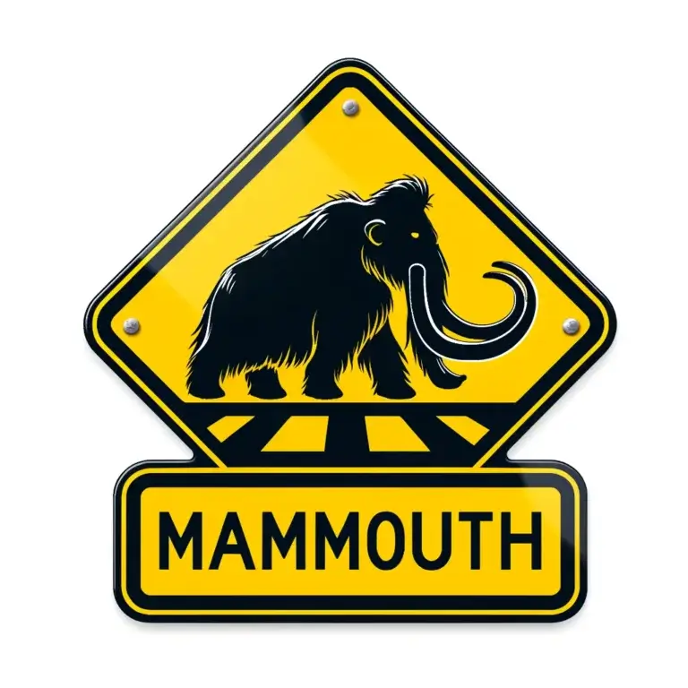 panneau de signalisation de prévention routière avec le mot "MAMMOUTH" correctement orthographié. Il est conçu pour avertir les conducteurs du passage potentiel de mammouths, avec une silhouette bien visible et un fond jaune vif pour attirer l'attention et assurer la sécurité. La peur nous avertit d'un danger