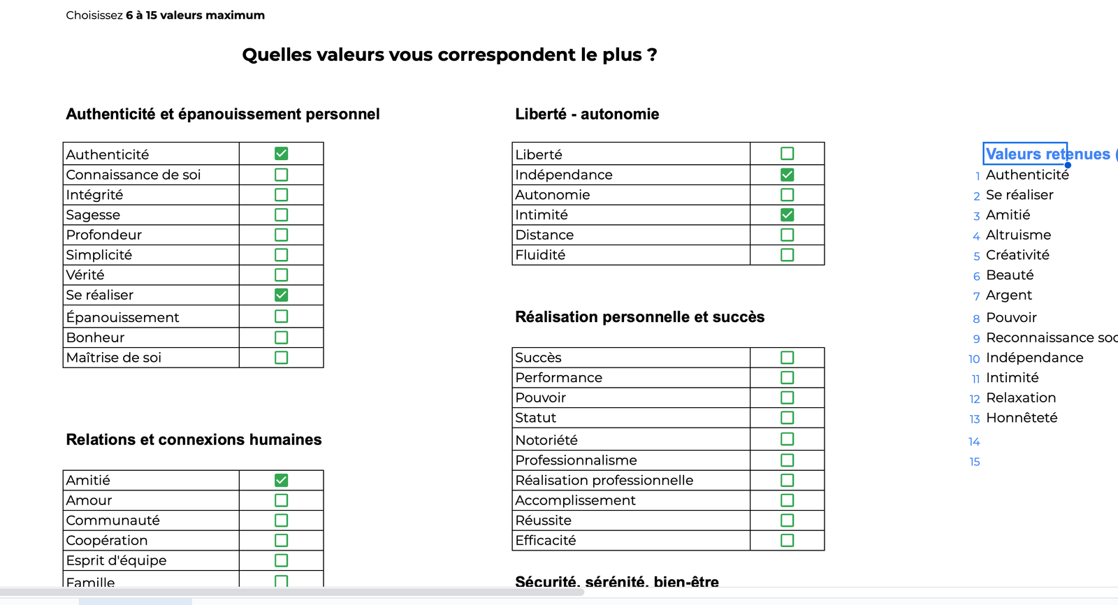 liste de 94 valeurs réparties en 12 catégories