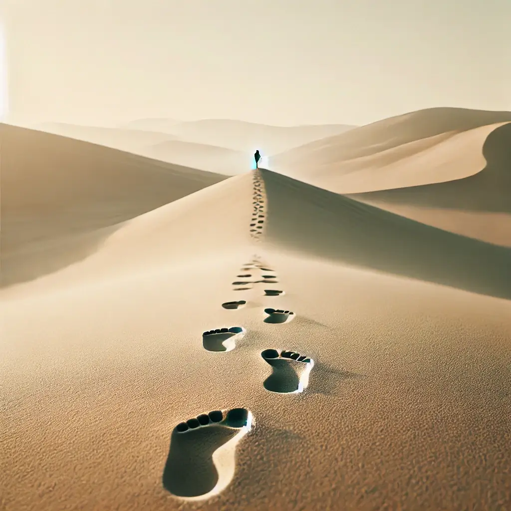 un chemin de sable et des empreintes de pas symbolisant la progression par petits pas. L'atmosphère est calme et minimaliste, en harmonie avec le message de réflexion et de simplicité. 