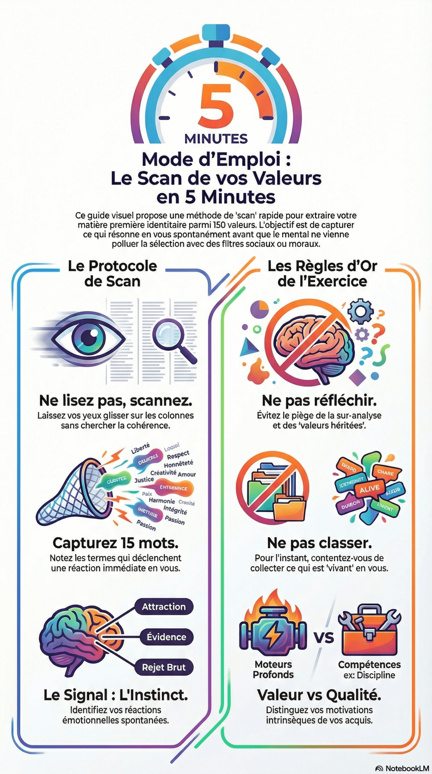 Infographie en couleur : scan des valeurs personnelles en 5 minutes pour identifier ses valeurs fondamentales parmi 150 valeurs