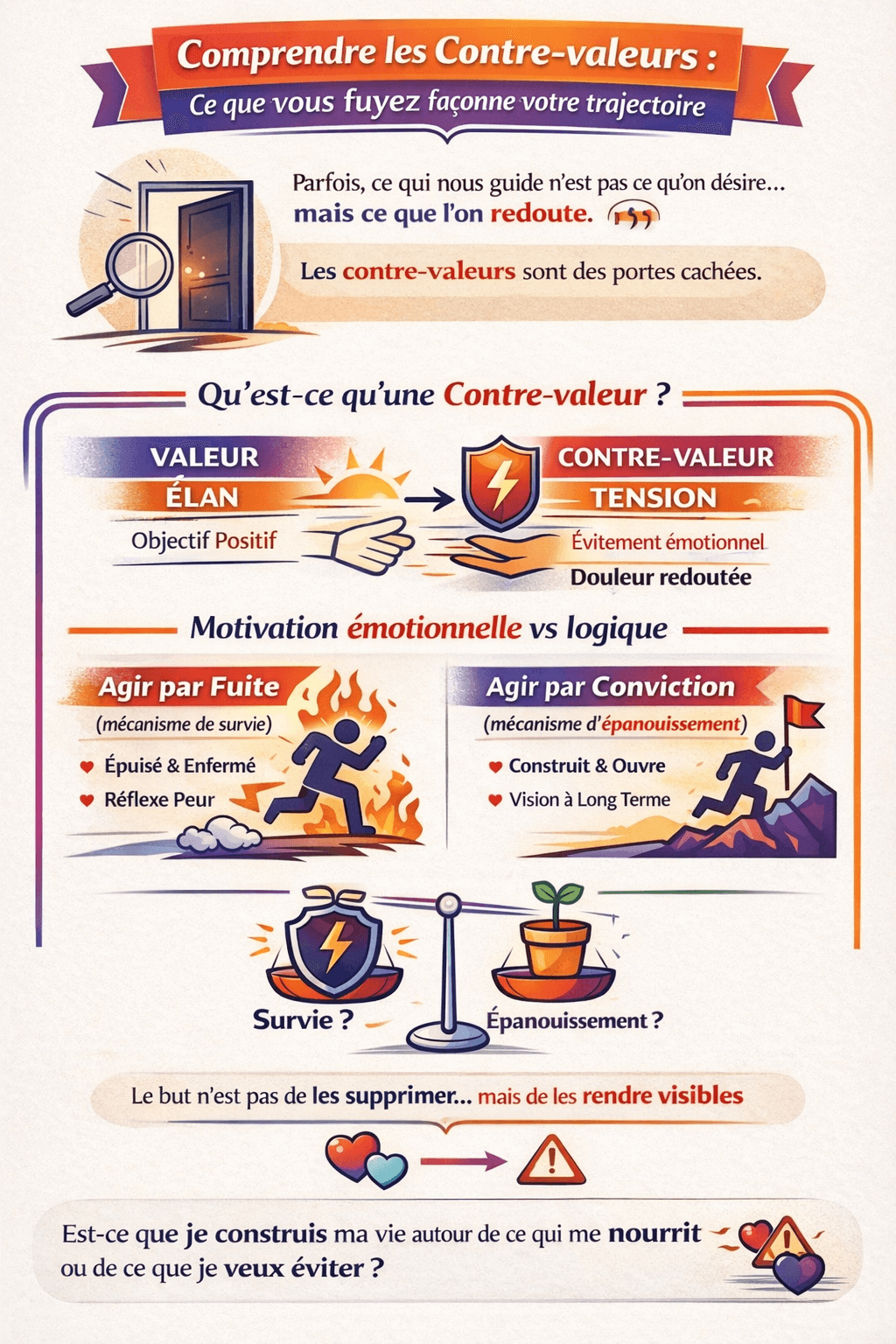 Infographie en couleur : comprendre les contre-valeurs, différence entre valeur (élan) et contre-valeur (tension), mécanisme émotionnel de fuite ou de survie