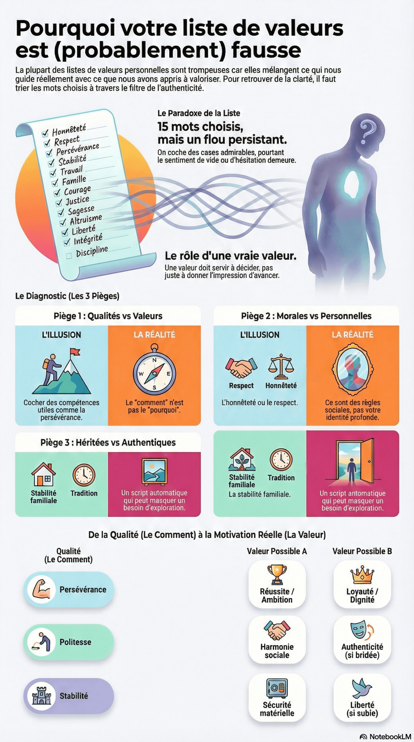 Infographie : pourquoi une liste de valeurs personnelles est souvent trompeuse, pièges fréquents entre morale, qualités et valeurs profondes