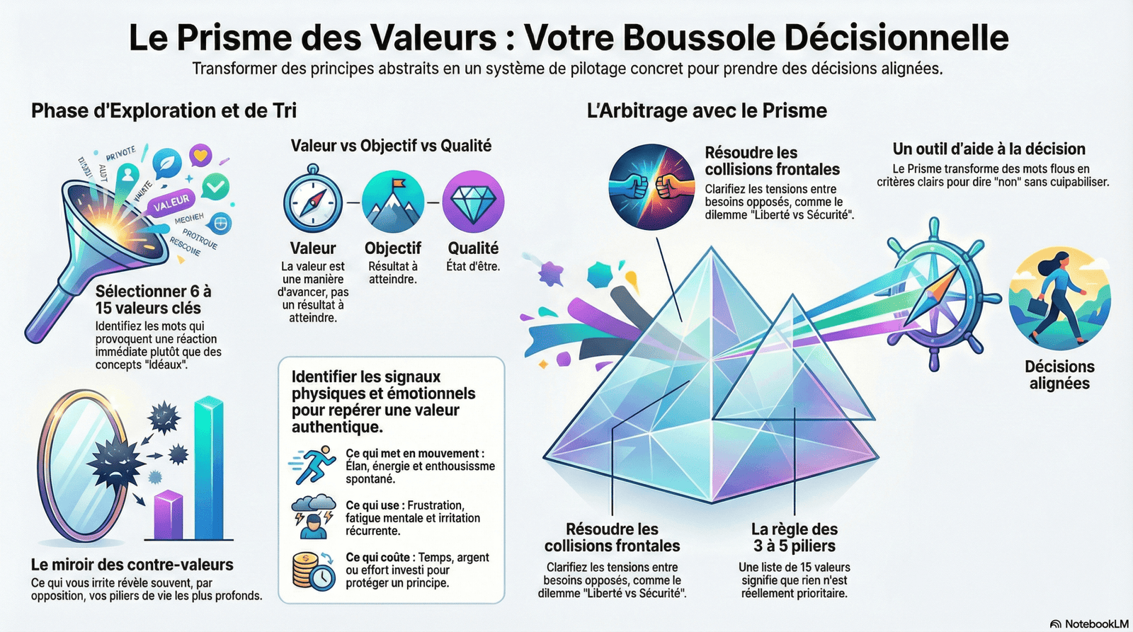 Infographie en couleur : le prisme des valeurs personnelles comme outil pour clarifier ses priorités et prendre des décisions alignées