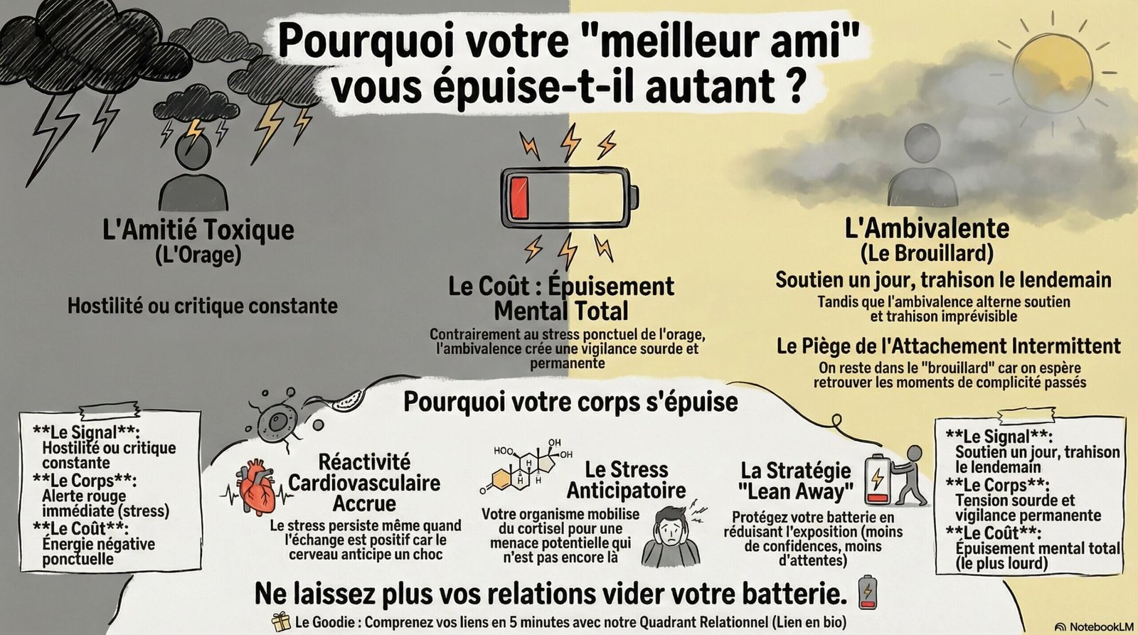 Impact physiologique de l'amitié ambivalente au sein du quadrant relationnel montrant l'épuisement nerveux et le stress lié à l'imprévisibilité.