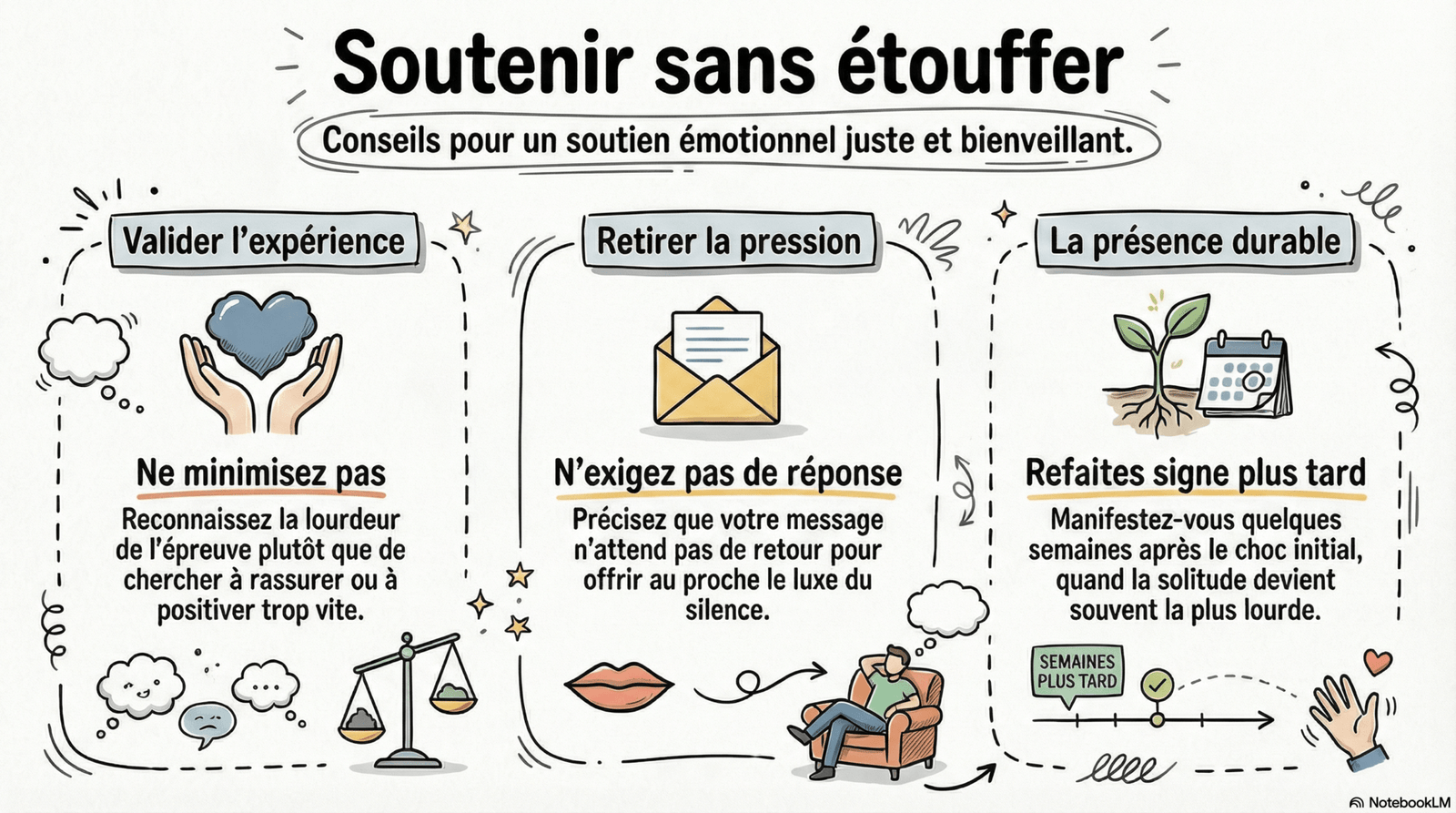infographie indiquant 3 points essentiel pour soutenir un proche dans les moments difficiles