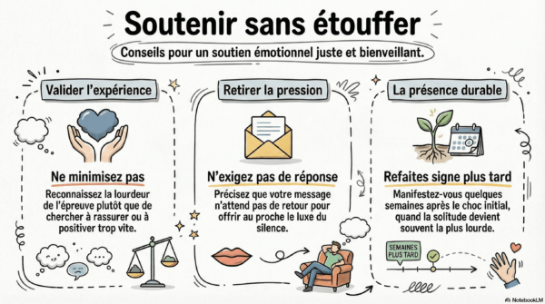 infographie indiquant 3 points essentiel pour soutenir un proche dans les moments difficiles 