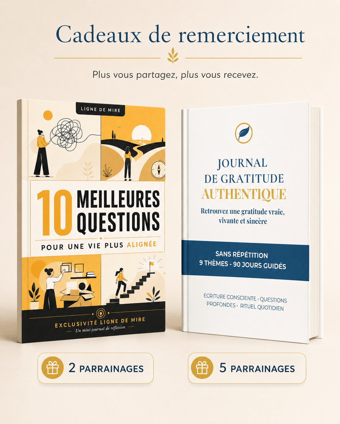 Cadeaux de remerciement Ligne de Mire : 2 parrainages pour recevoir Les 10 meilleures questions pour une vie plus alignée, 5 parrainages pour recevoir le Journal de gratitude authentique au format PDF