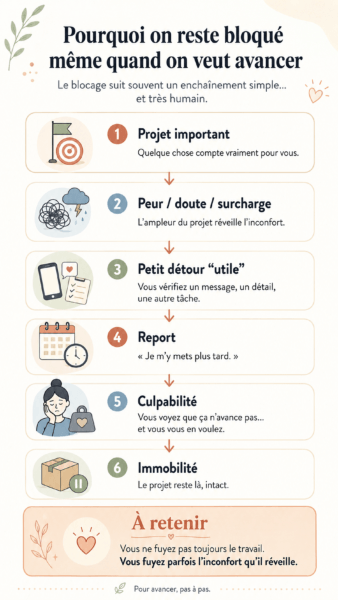 nfographie verticale pour un article de blog intitulé “Méthode des petits pas : comment avancer quand on est bloqué”. L’infographie explique le mécanisme du blocage en 6 étapes : Projet important → peur / doute / surcharge → petit détour utile → report → culpabilité → immobilité
