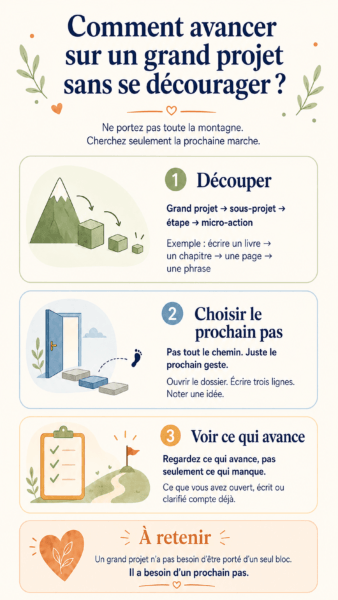 infographie : montrer qu’un grand projet devient moins intimidant quand on le transforme en prochain petit pas concret.
