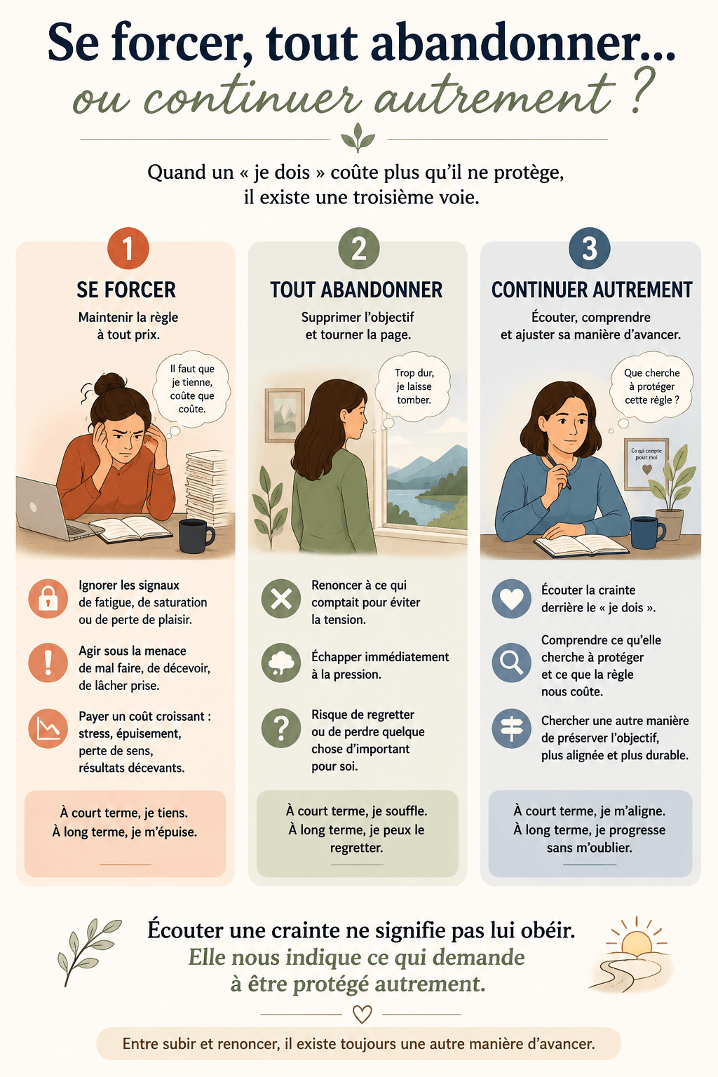 Infographie présentant trois voies : se forcer, tout abandonner ou continuer autrement
