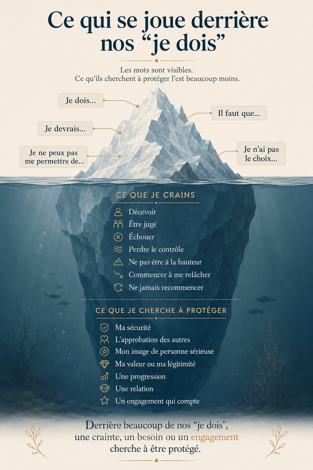 Iceberg montrant ce qui se joue derrière les phrases je dois, il faut que et je devrais