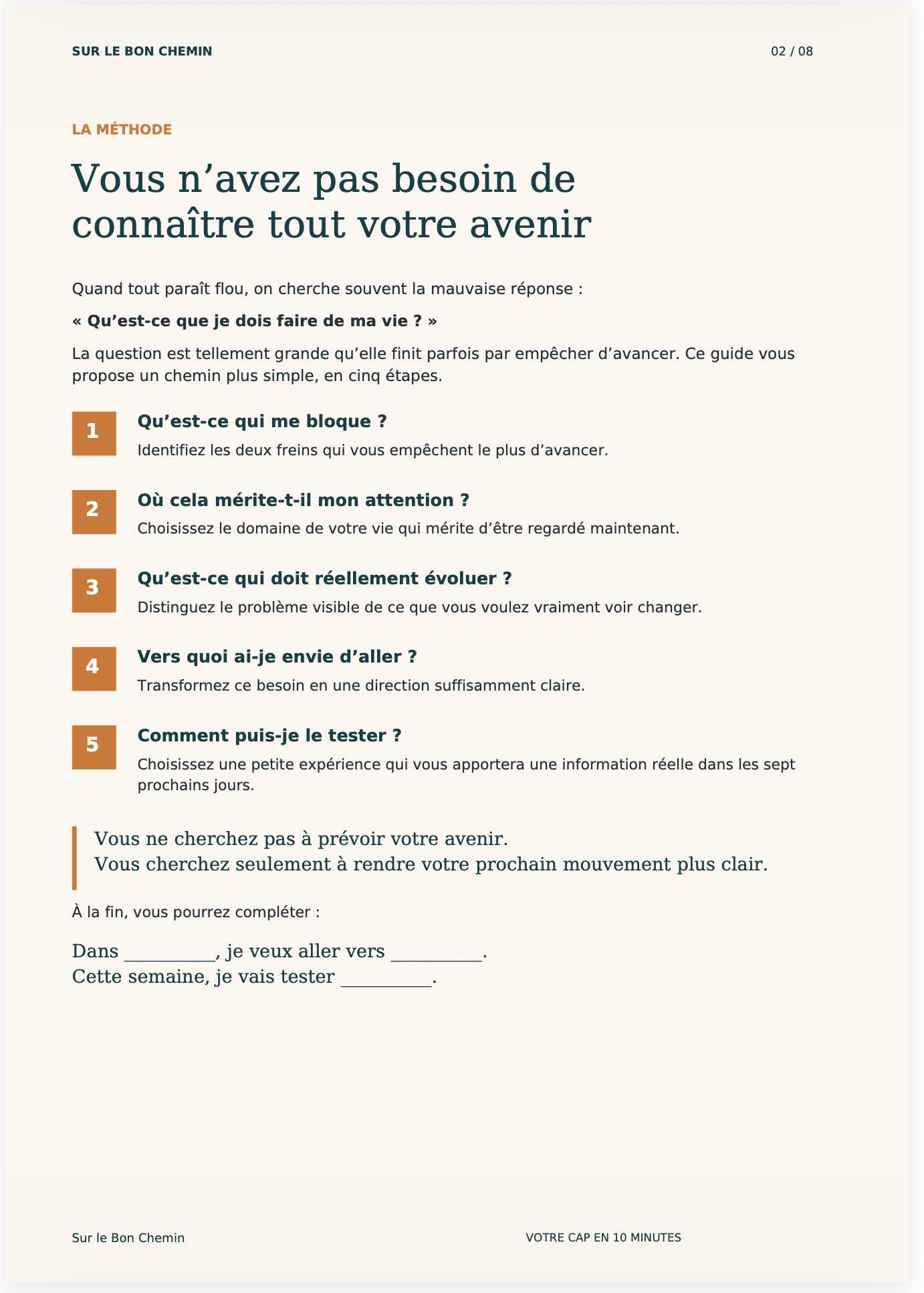 Aperçu intérieur du guide Votre cap en 30 minutes